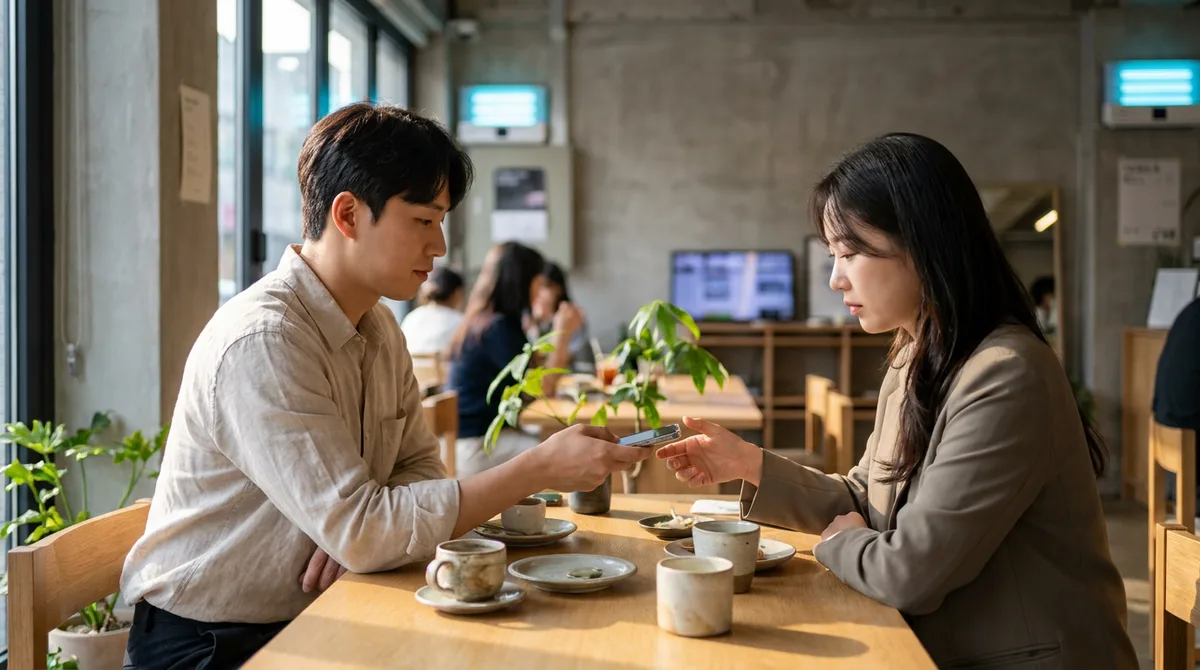 테이블에서 휴대폰을 주고받는 손 클로즈업