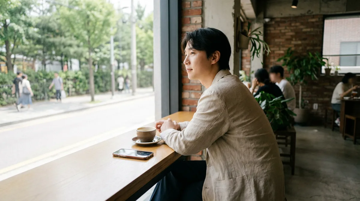 카페에서 휴대폰을 앞에 두고 생각하는 모습