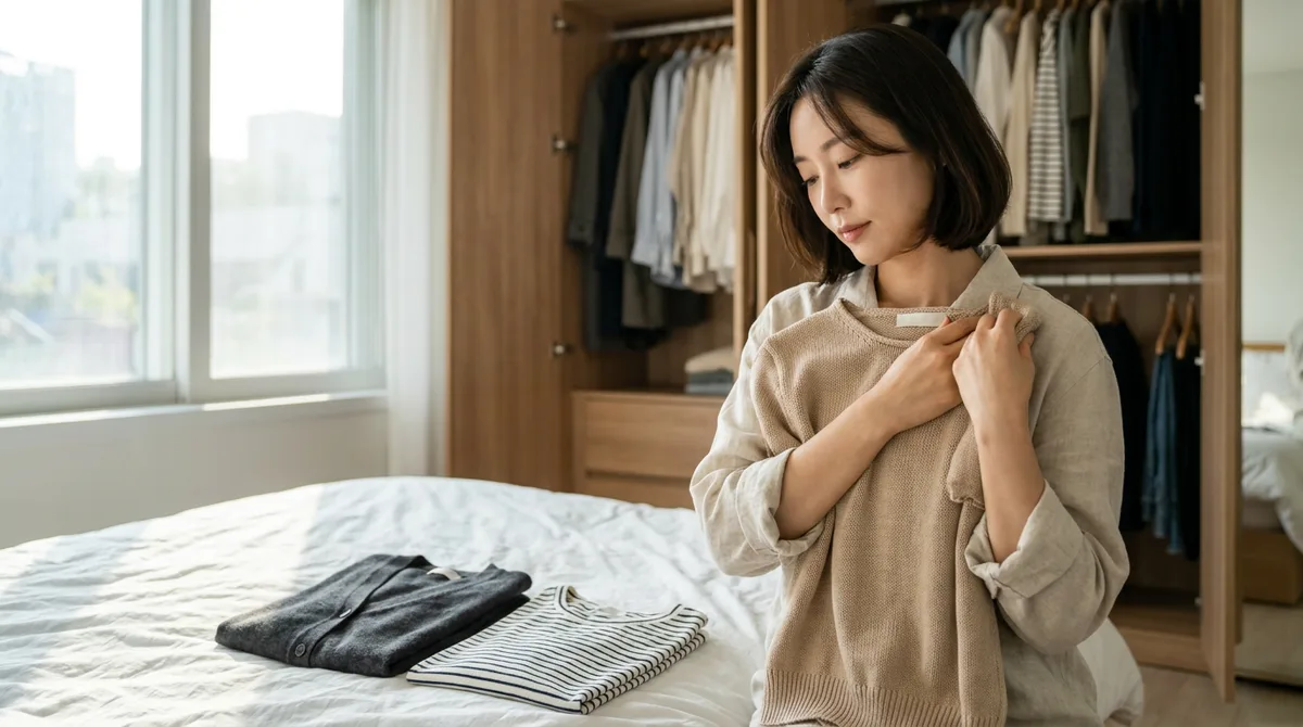 침대에 옷을 놓고 색을 비교해 고르는 손