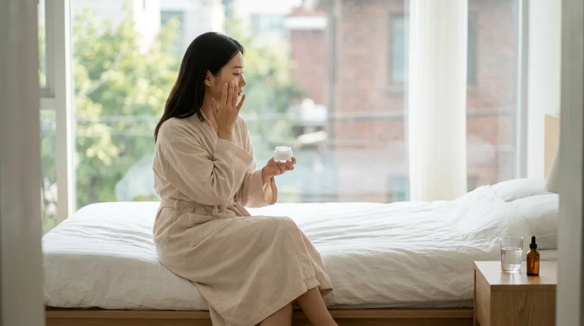 아침 침대에 앉아 로션을 바르는 여성 측면