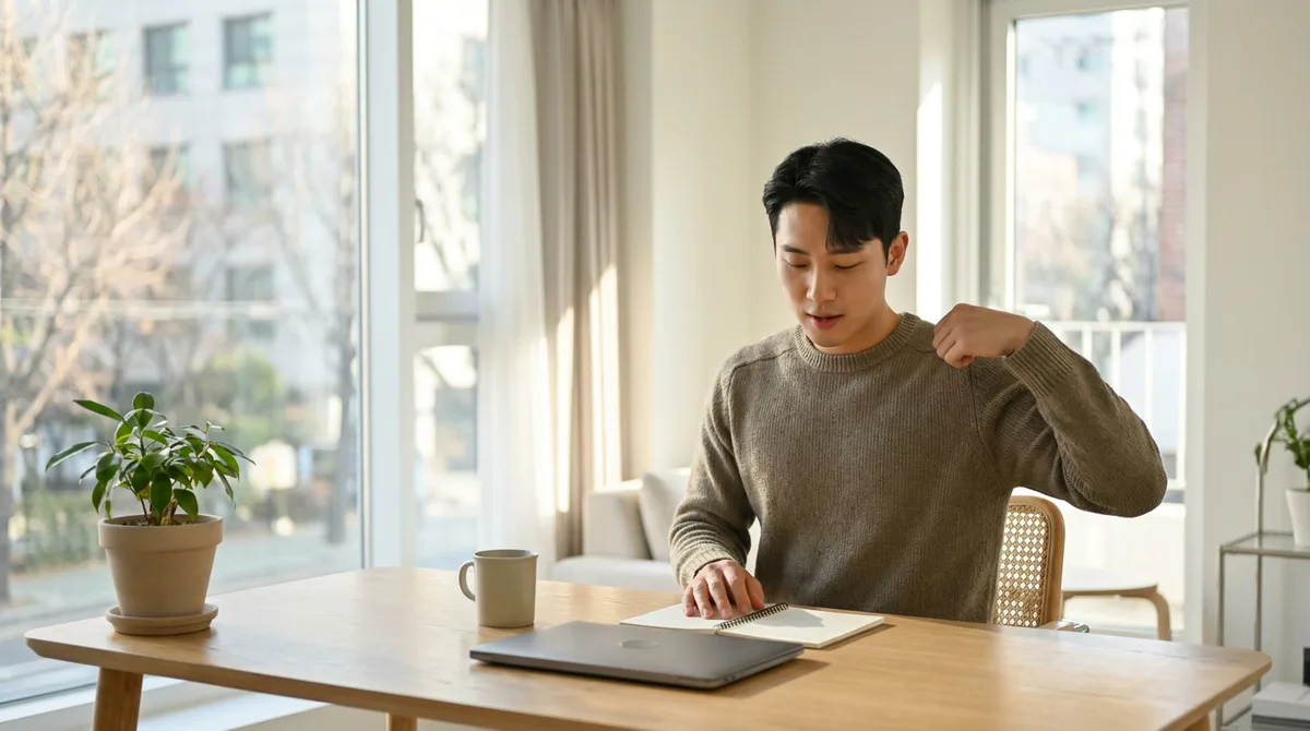 어깨를 펴고 표정을 가다듬는 남성의 모습
