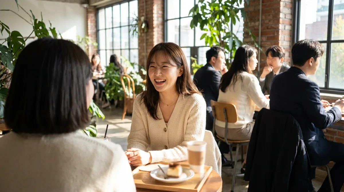 친구와 대화하며 편안하게 웃는 여성의 모습