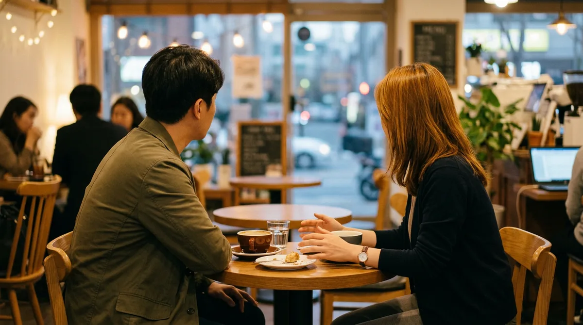 퇴근 후 카페에서 마주 앉아 대화하는 두 사람