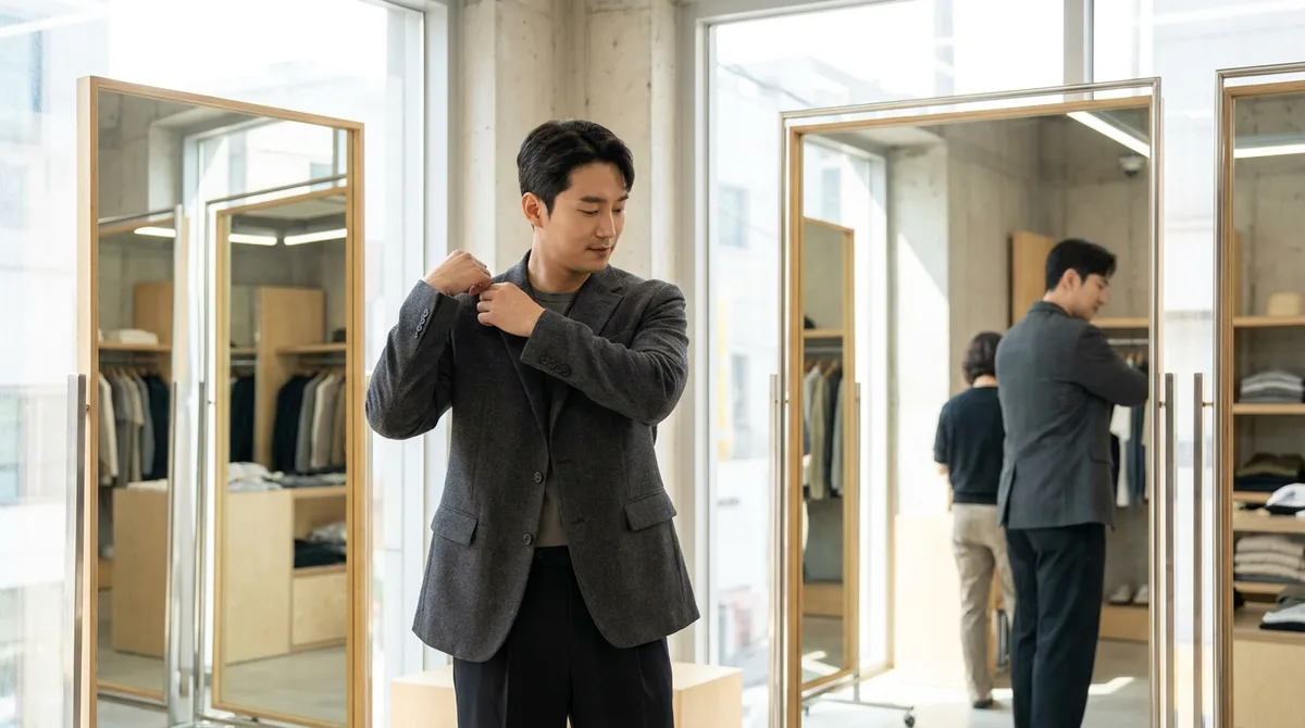매장에서 재킷 어깨선을 확인하는 남성