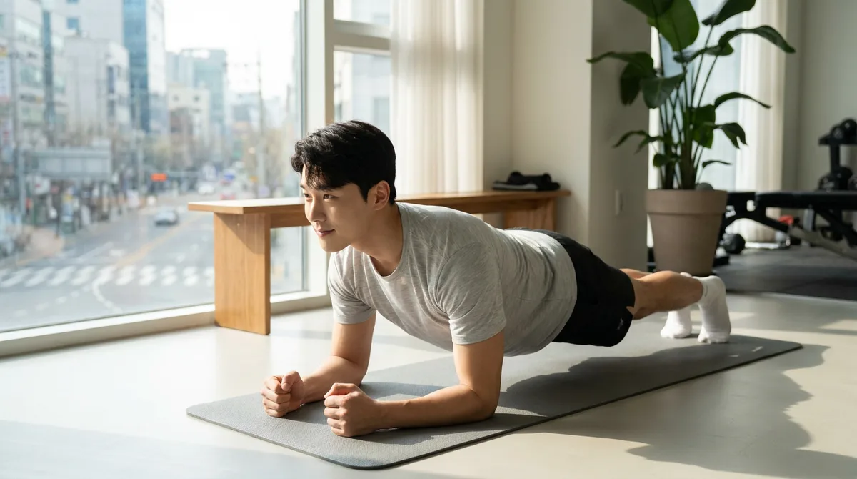 아침에 플랭크 운동을 하는 남성