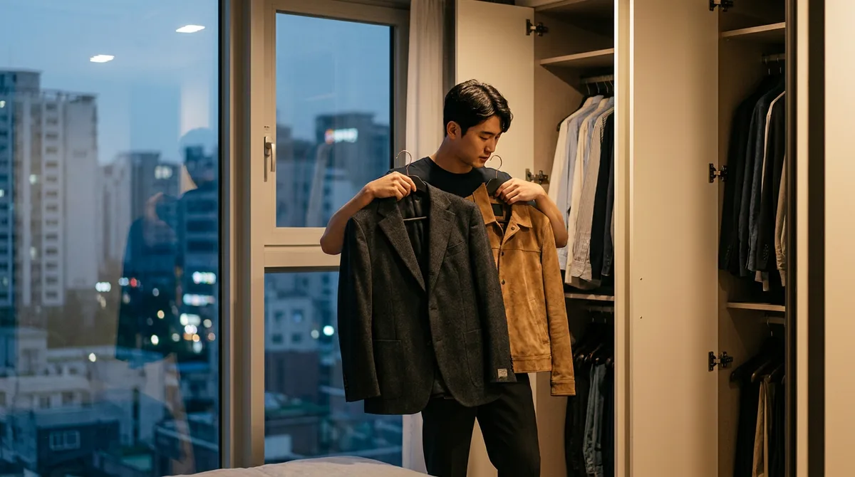 옷장 앞에서 재킷을 비교해보는 남성