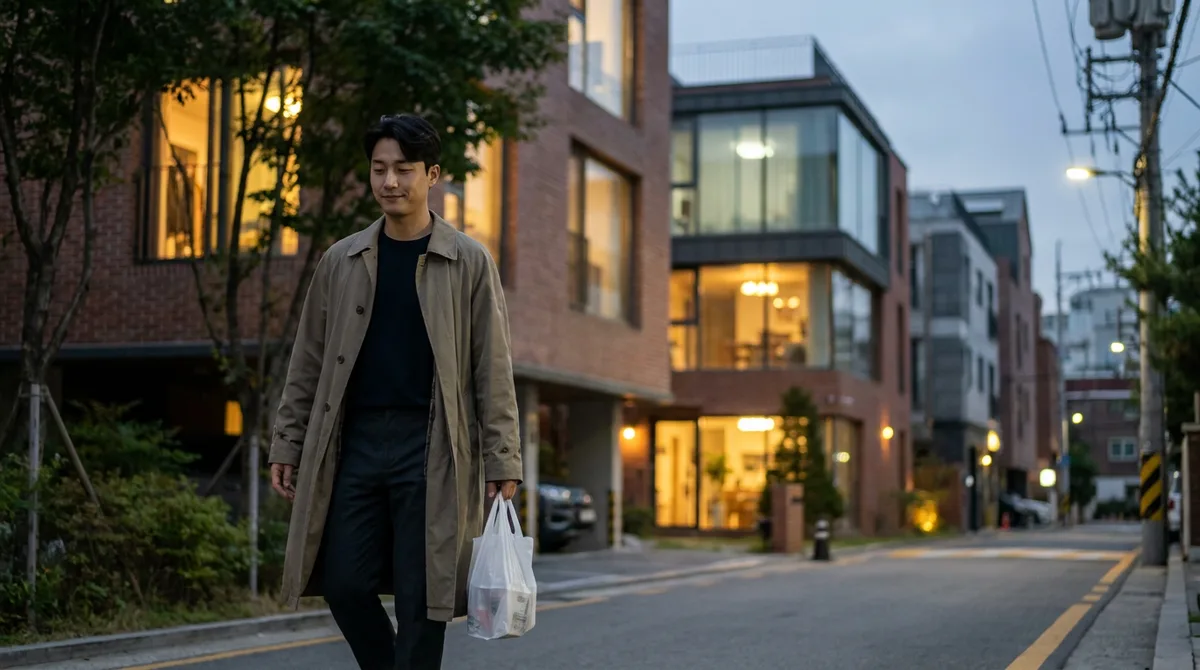 해질녘 혼자 집으로 걸어가는 남성