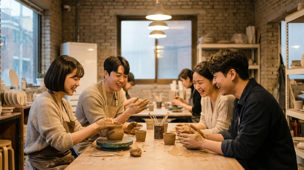 저녁 취미 모임에서 함께 작업하는 사람들