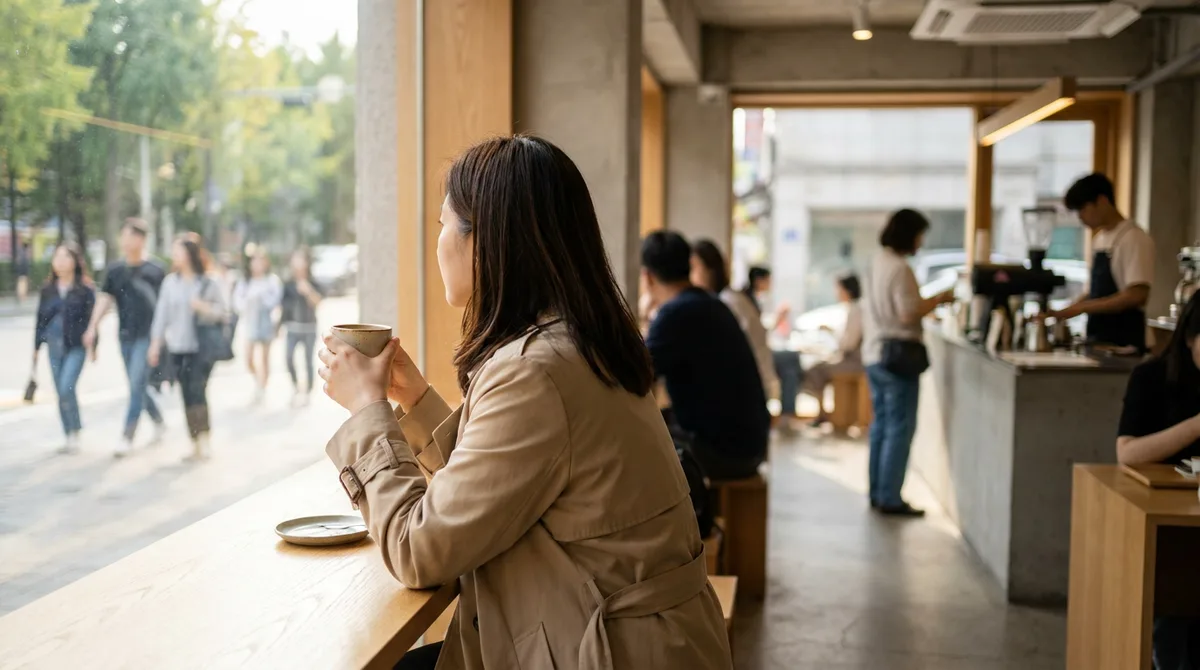 카페 창가에 혼자 앉아 밖을 보는 여성