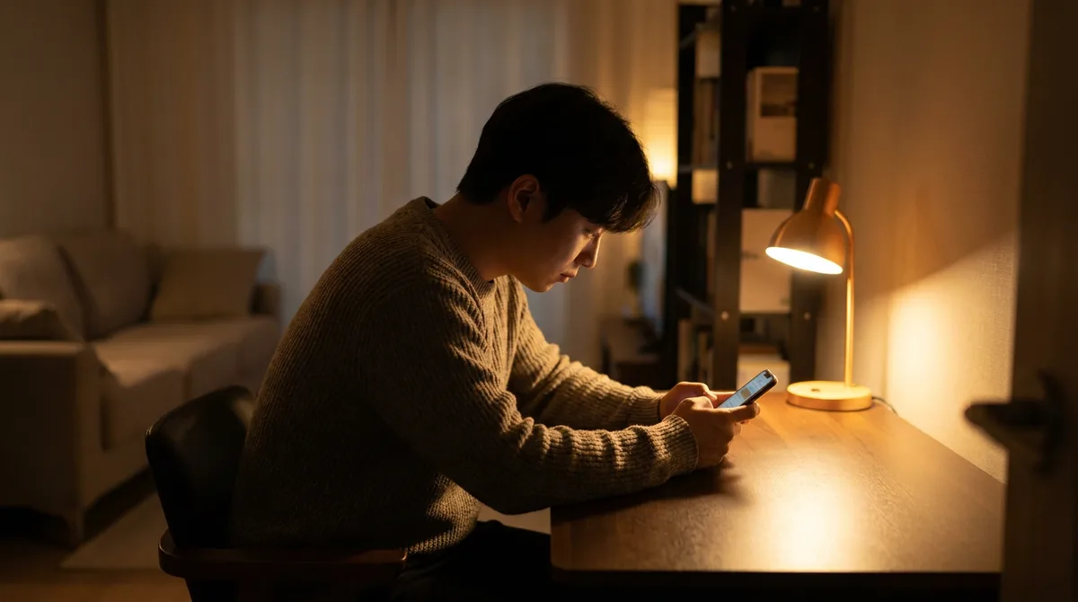 저녁에 혼자 스마트폰을 보며 만남을 준비하는 모습