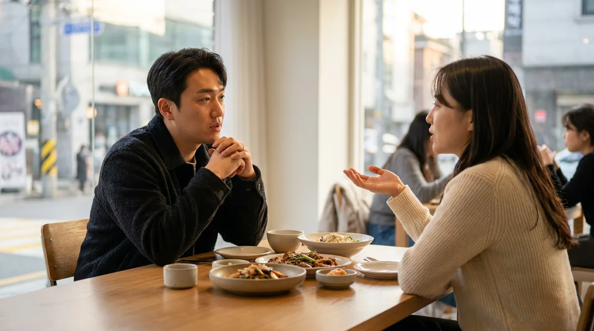 저녁 식사 자리에서 집중해서 듣는 남자