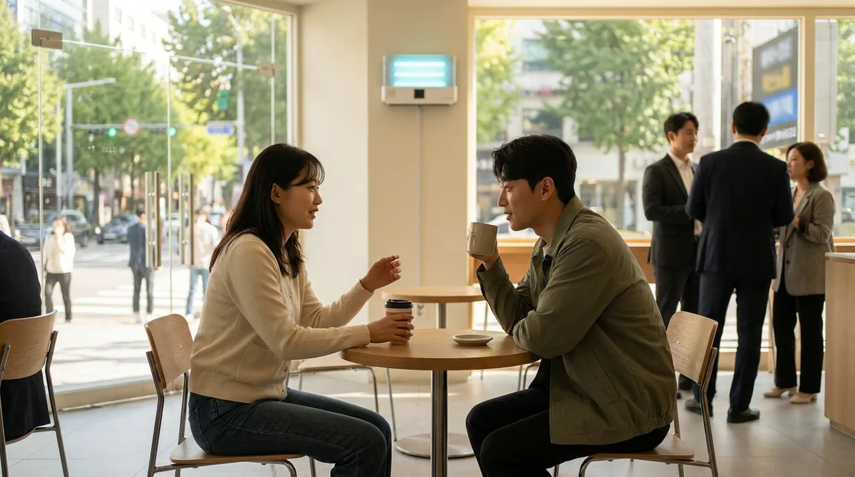 카페에서 대화하며 서로의 이야기를 듣는 남녀