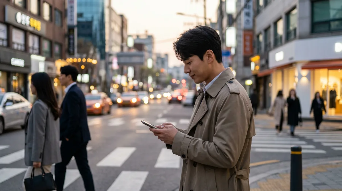 횡단보도에서 메시지를 망설이는 남성