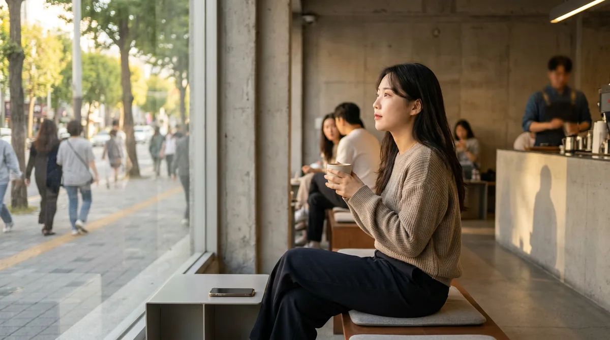 카페 창가에 혼자 앉아 밖을 보는 여성
