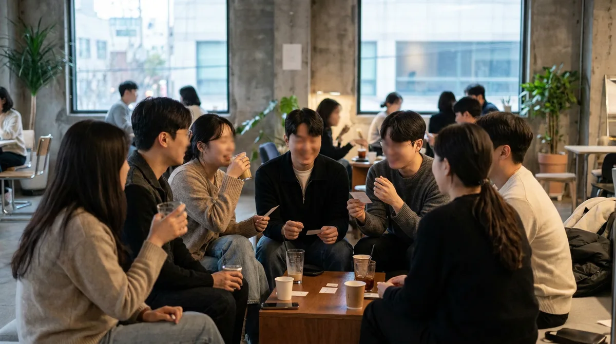 저녁 라운지에서 게임하며 어울리는 20대 무리
