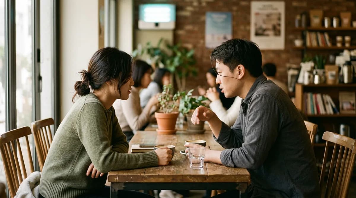 카페 테이블에서 마주 앉아 대화하는 두 사람