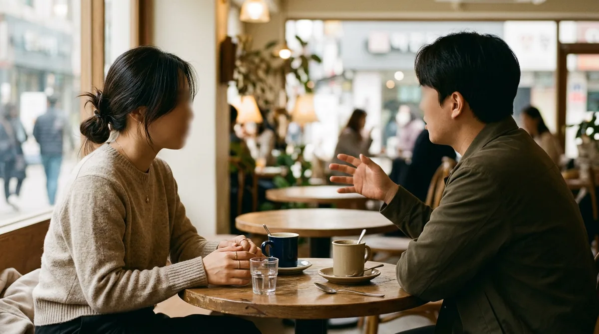 카페 테이블에서 마주 앉아 대화 나누는 두 사람