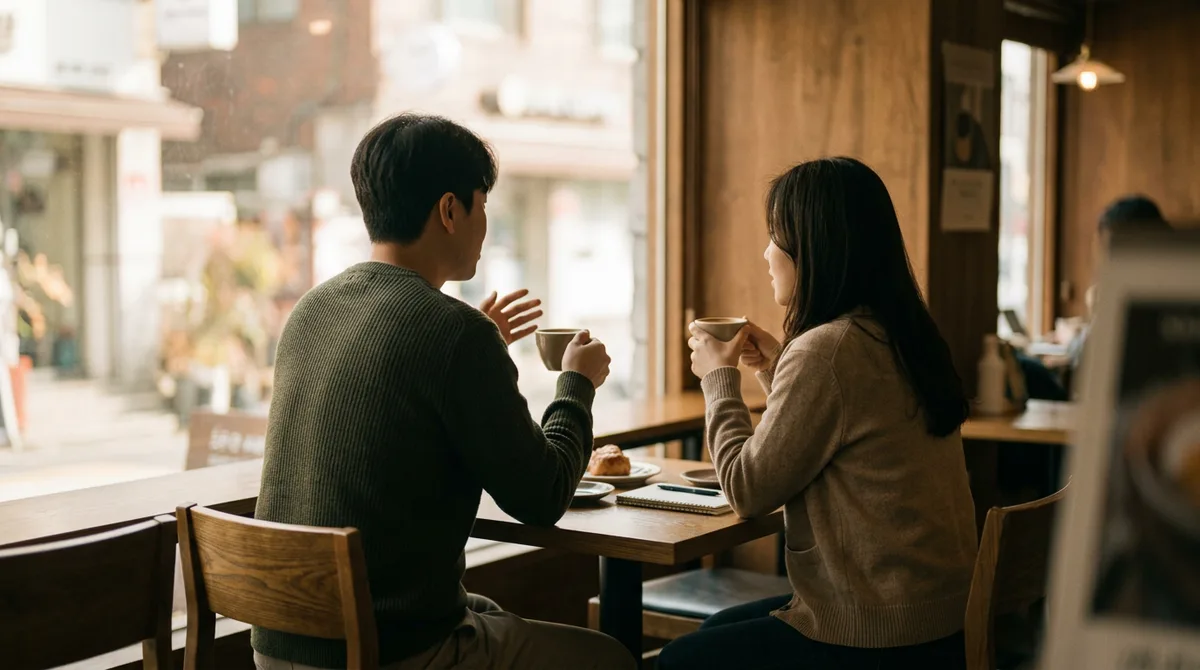 창가 자리에서 처음 만나 가볍게 이야기 나누는 두 사람
