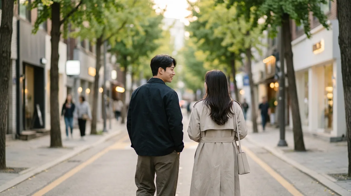 저녁 산책길에서 고개 돌려 대화하는 두 사람