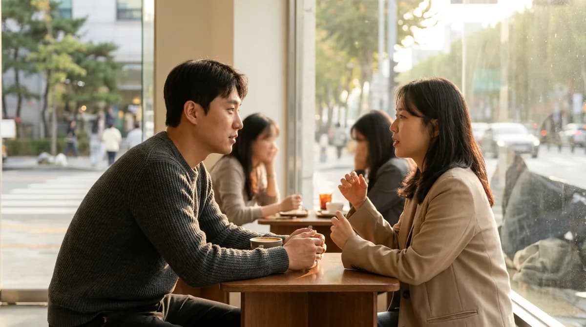 카페에서 상대 말을 몸을 기울여 듣는 남자