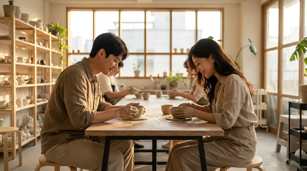공방에서 나란히 앉아 도자기를 빚는 모습