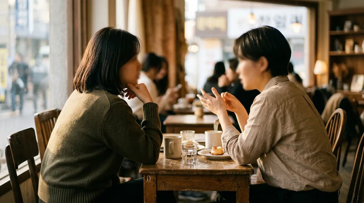 카페 테이블에서 몸을 기울여 대화하는 두 사람