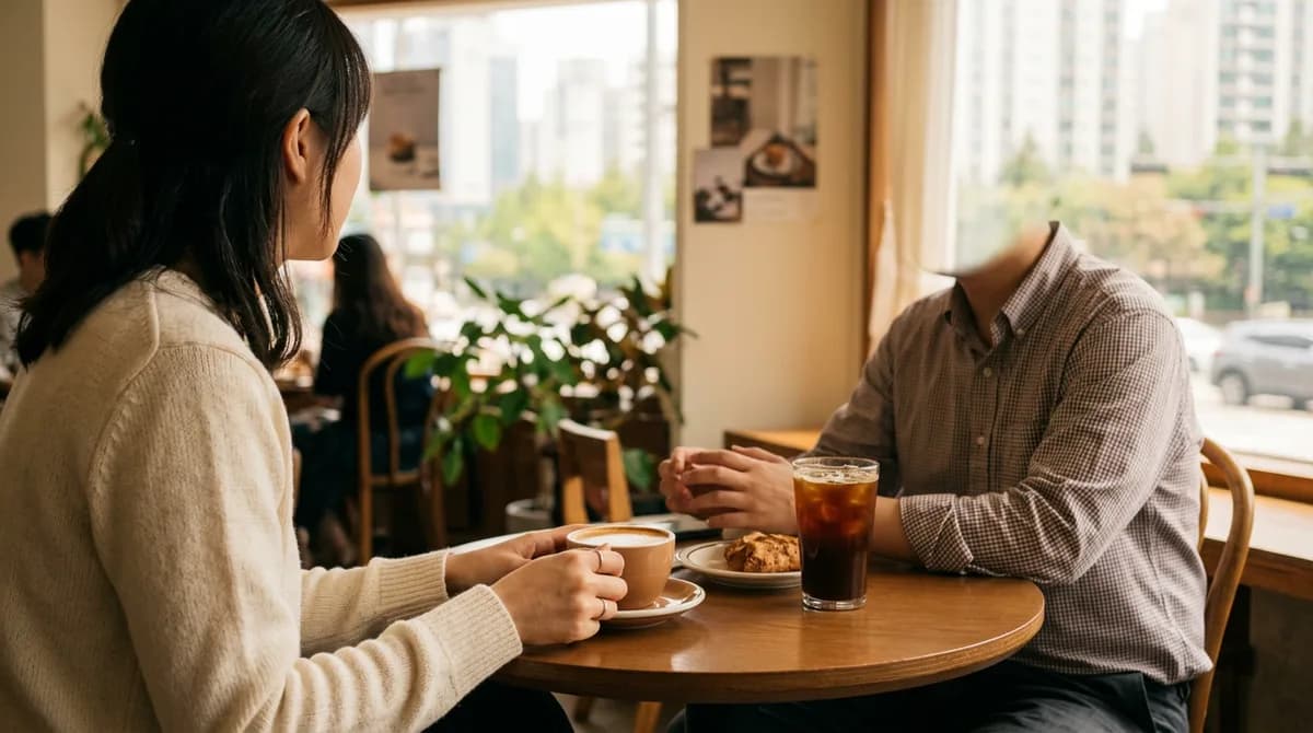 마주 앉아 음료를 두고 이야기 나누는 두 사람