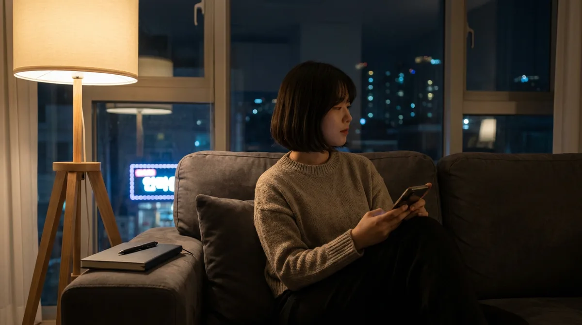 밤에 소파에서 휴대폰을 든 손