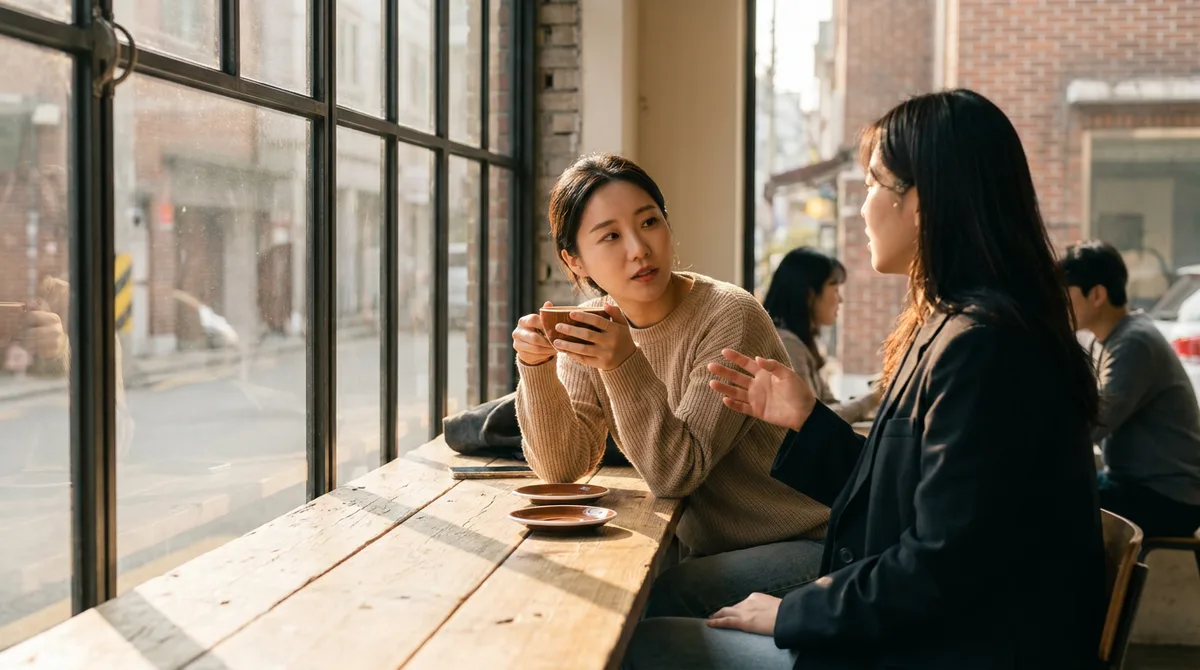 카페에서 마주 앉아 대화 나누는 두 사람