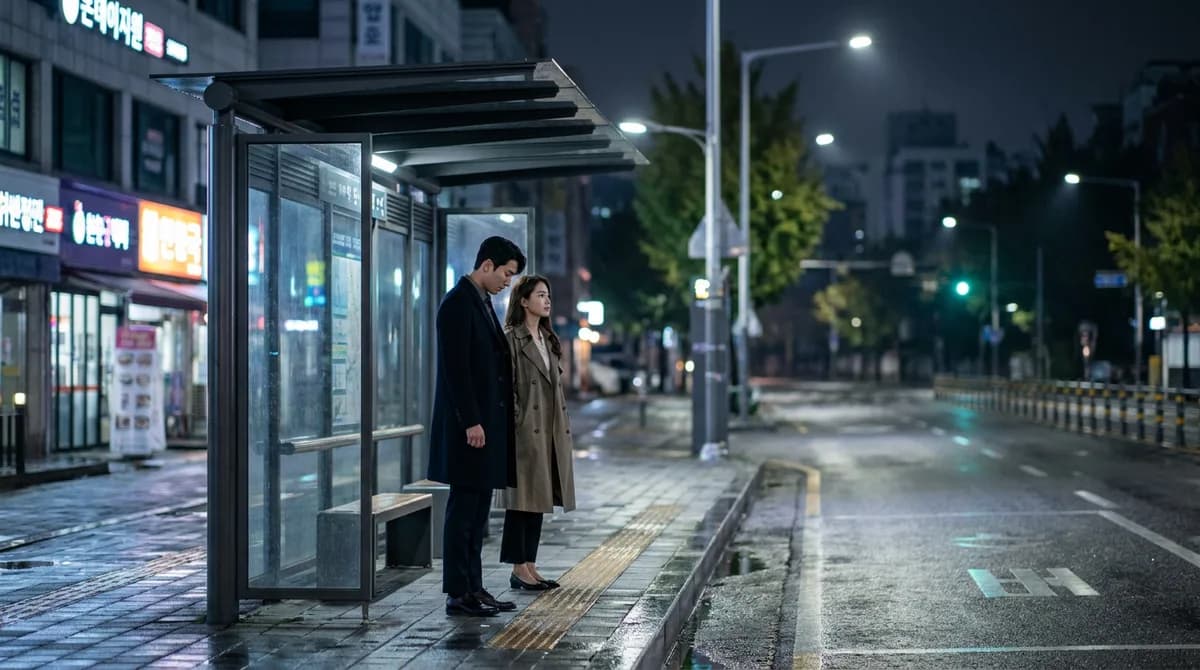 밤 버스 정류장에서 말없이 서 있는 두 사람