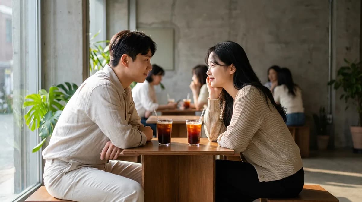 오후 카페에서 마주 앉아 대화하는 두 사람