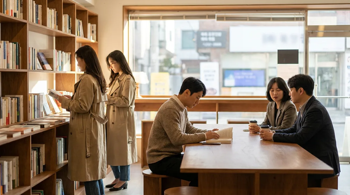 평일 저녁 동네 책방에서 책을 고르는 사람들