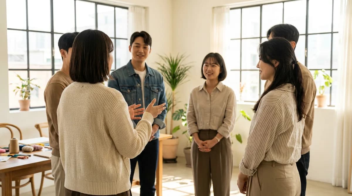 주말 모임에서 둘러서서 이야기 나누는 사람들