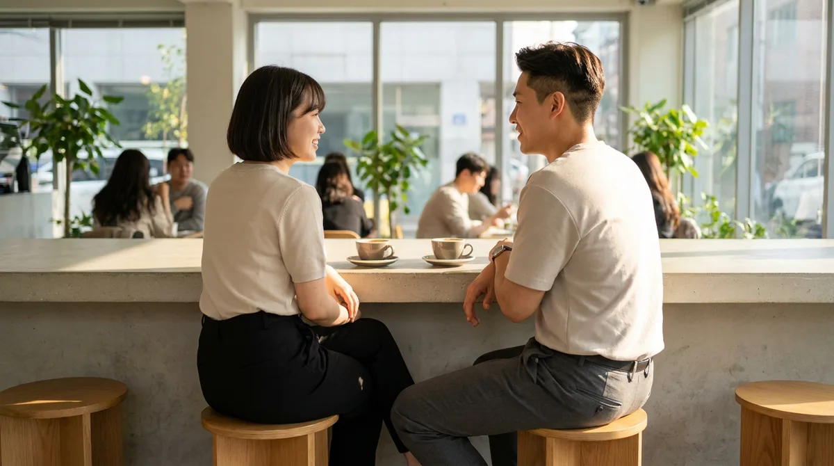 카페 바 테이블에서 나란히 앉아 대화하는 두 사람