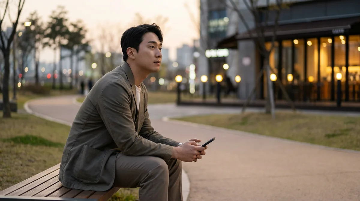 해 질 무렵 벤치에 앉아 생각에 잠긴 남성