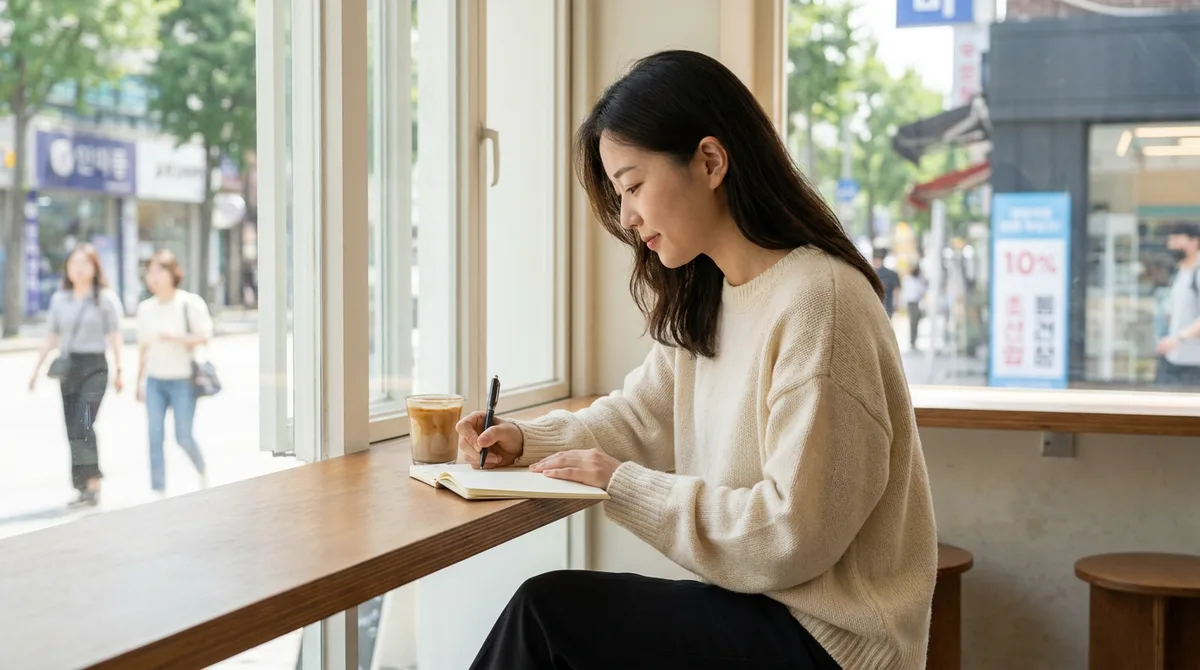 카페 창가에서 노트에 적고 있는 여성